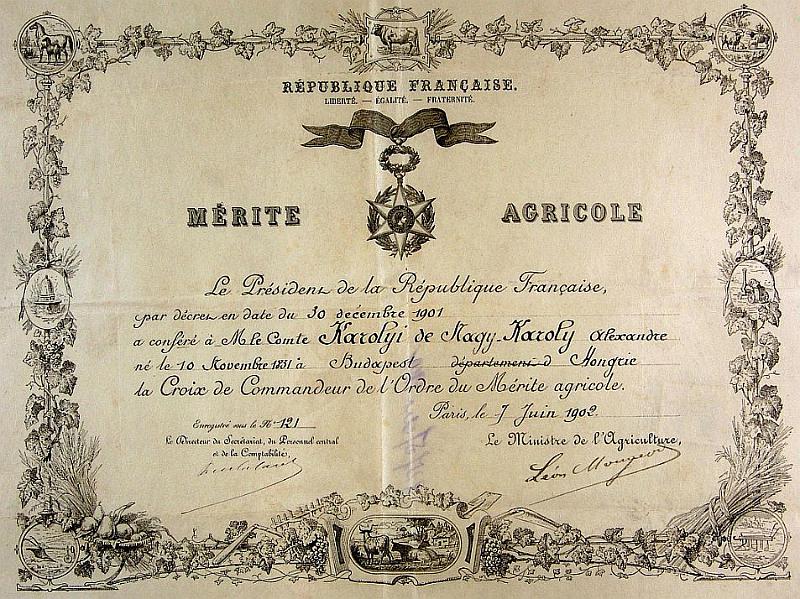 003-07-1-merit_agricol_hartya.jpg - A francia államtól kapott „La Croix de Commendeur de l’Ordre du Mérite Agricole, 1902” oklevél [Magyar Országos Levéltár P. 389. 3. csomó 261. lap]