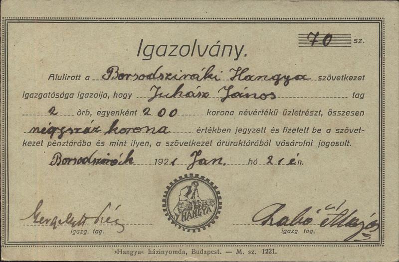 005-10-Hangya-igazolvany_Borsodszirak.jpg - Borsodsziráki igazolvány, 1921