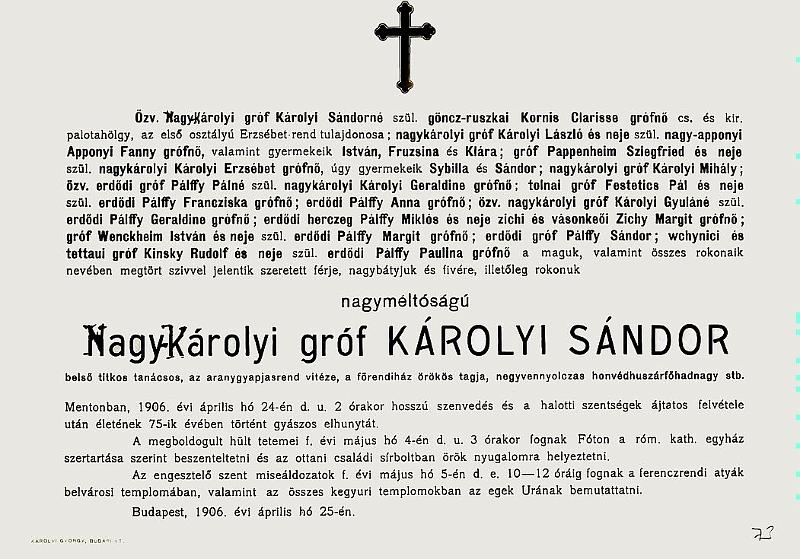 006-01-gyaszjelentes.jpg - Károlyi Sándor gróf gyászjelentése M.O.L. P. 395. 1. f. II. csomó 73. lap